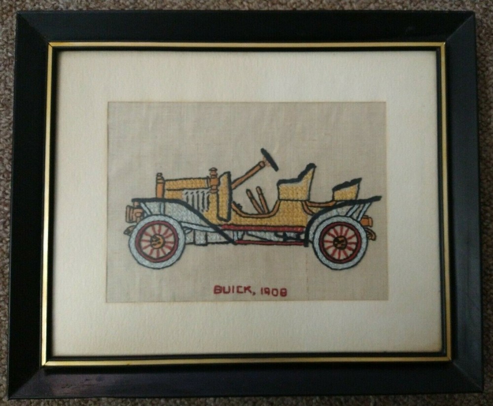 Framed Needlework Cross Stitch Cars - Studebaker Electric,1904 & Buick,1908 2 Pc