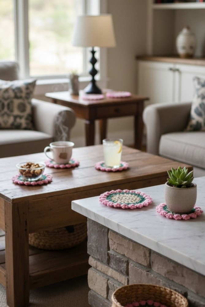 6 Coasters Coasters For Drinks 100% Cotton Multicolor Handmade Decor