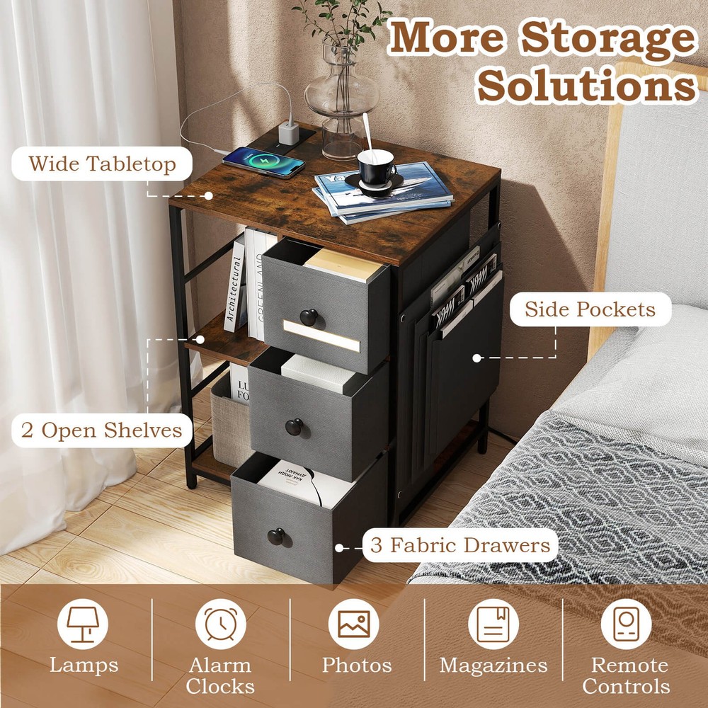 2PCS Nightstand 3-Tier Storage End Table Bedside Table w/Charging Station &