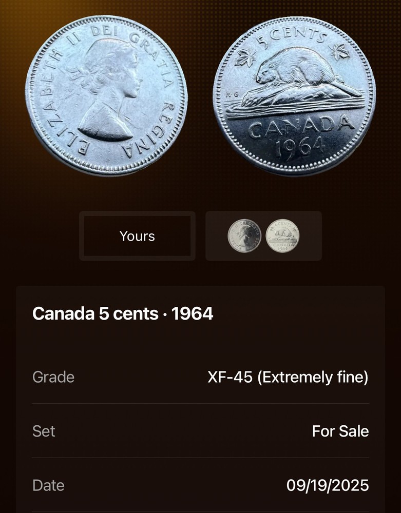 1964 Canada 🇨🇦 5 Cents ~ (XF) Condition