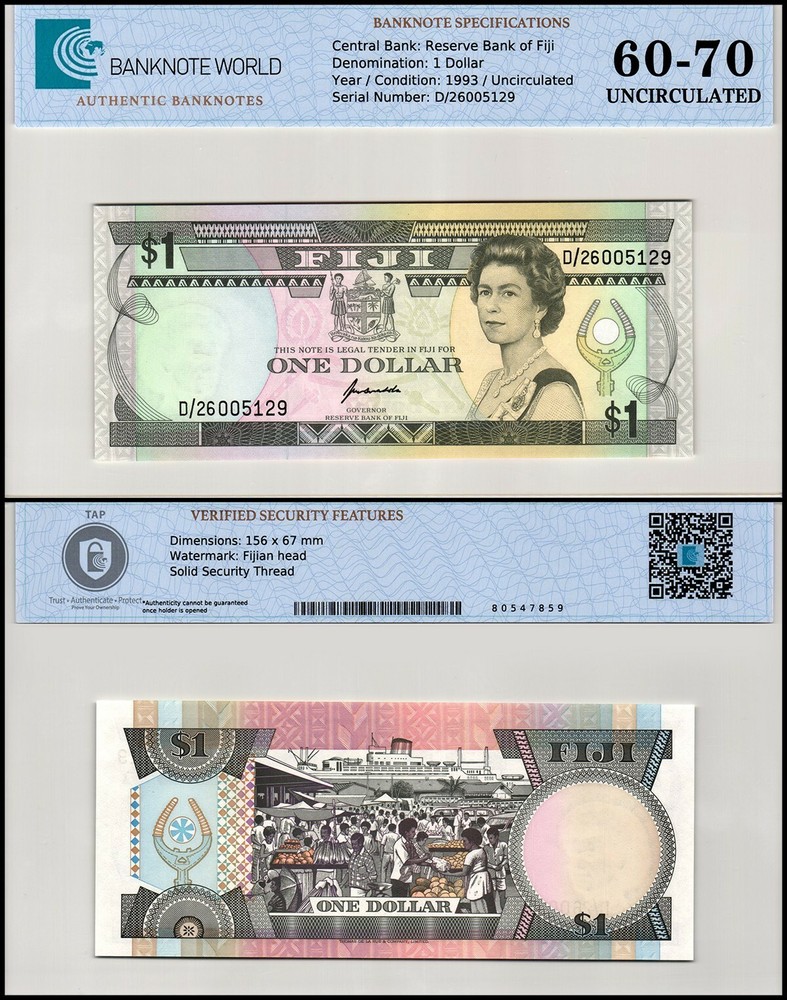 Fiji 1 Dollar, 1993 ND, P-89, UNC, Authenticated Banknote