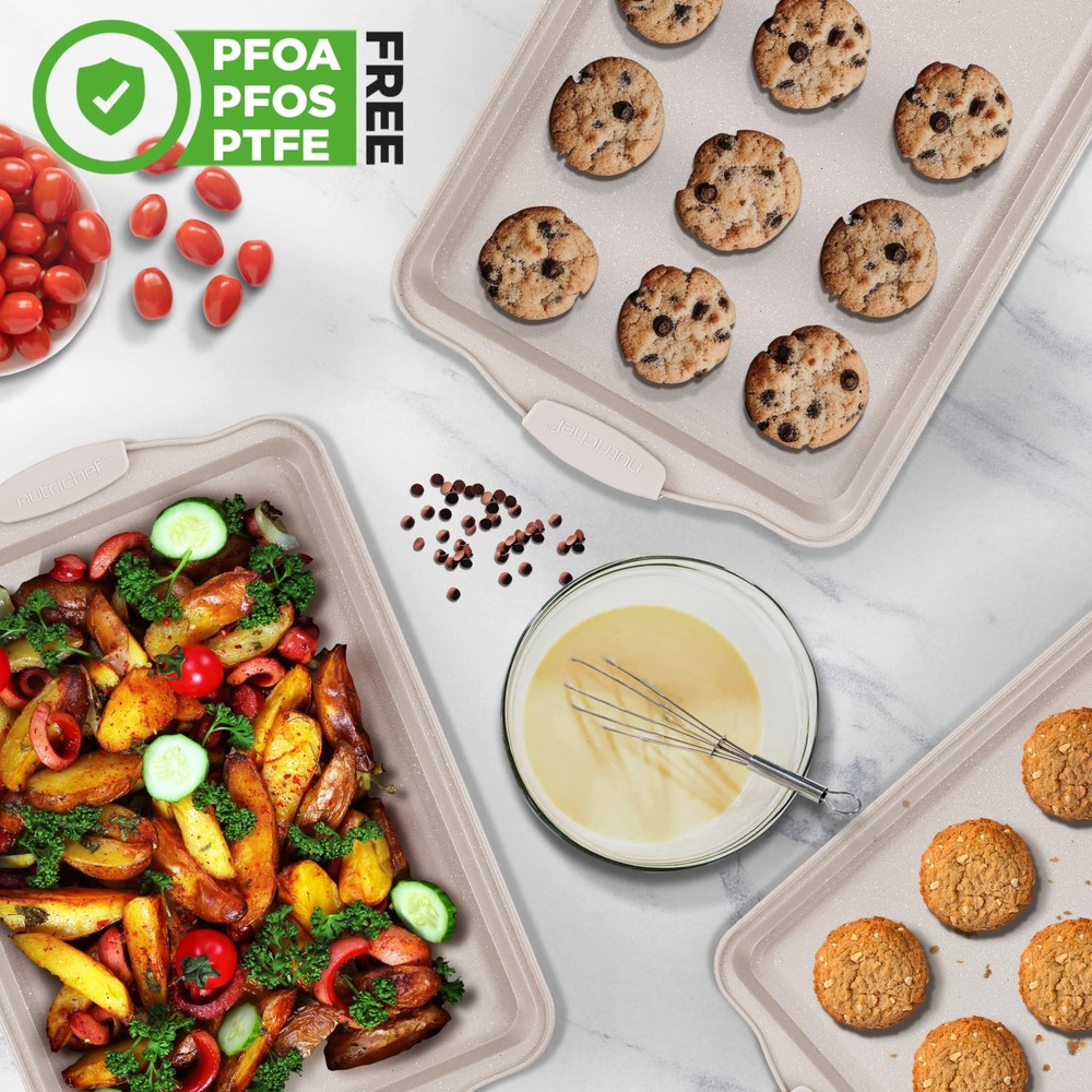 NutriChef 3 Piece Nonstick Cookie Sheets for Baking - (Cream Marble)