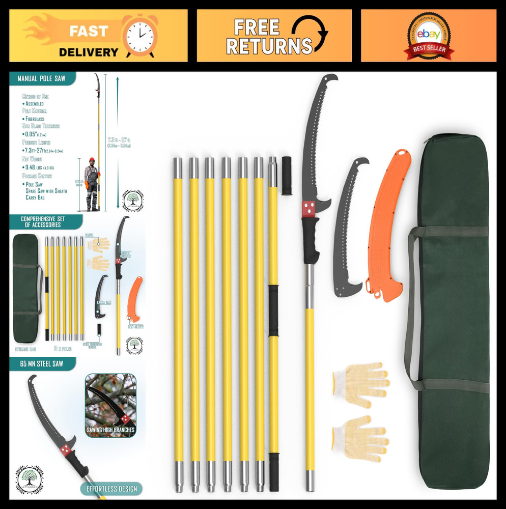 Extendable Pole Saw for Tree Trimming, 7.3-27 ft Long Handle Pruner, Sharp Steel