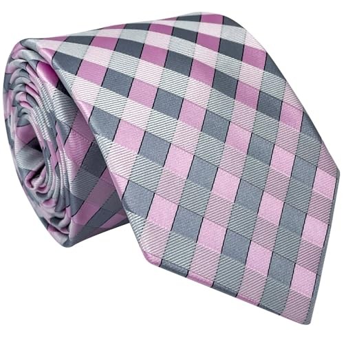 Classic Check Woven Microfiber Men's Tie Necktie Pink and Grey Check
