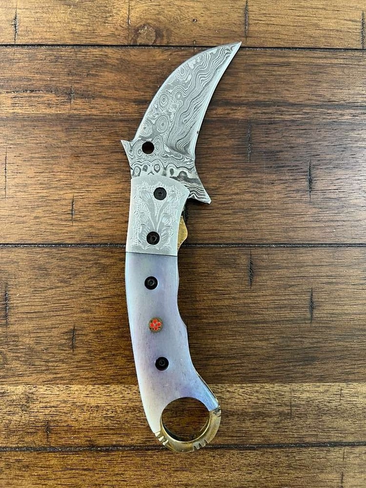 CUSTOM HANDMADE DAMASCUS COLORED BONE HANDLE KARAMBIT FOLDING KNIFE W/ SHEATH 29