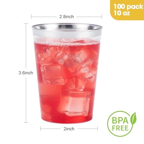 10oz Plastic Cups for Party, Disposable Silver Plastic 100PCS 10oz Silver