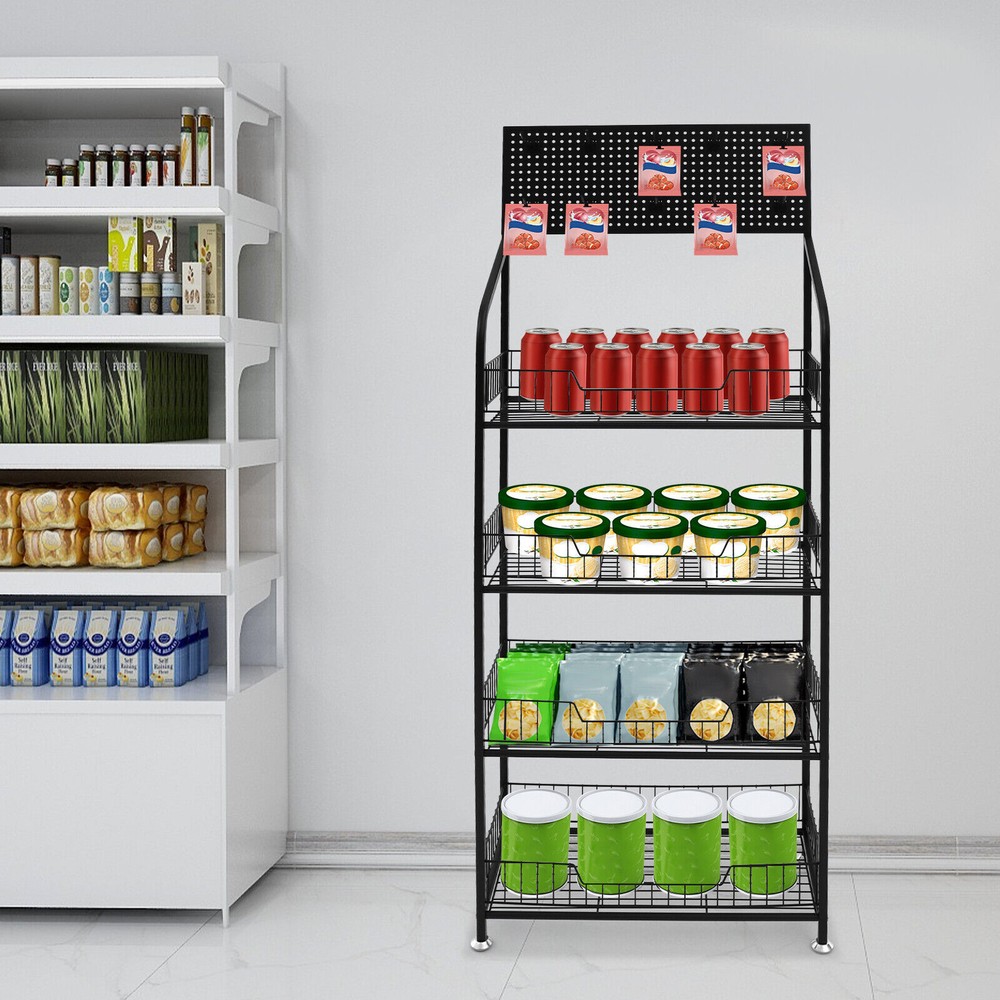 4 Tiers Retail Display Rack Snack Display Organizer Snack Rack Stand?with Hooks