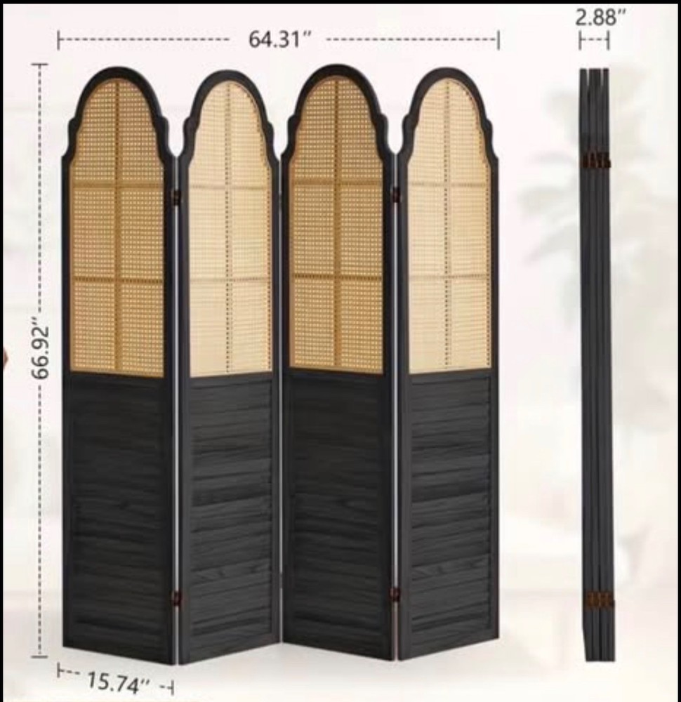 4-Panel Black Wood & Cane Room Divider Folding Screen Boho Coastal Style