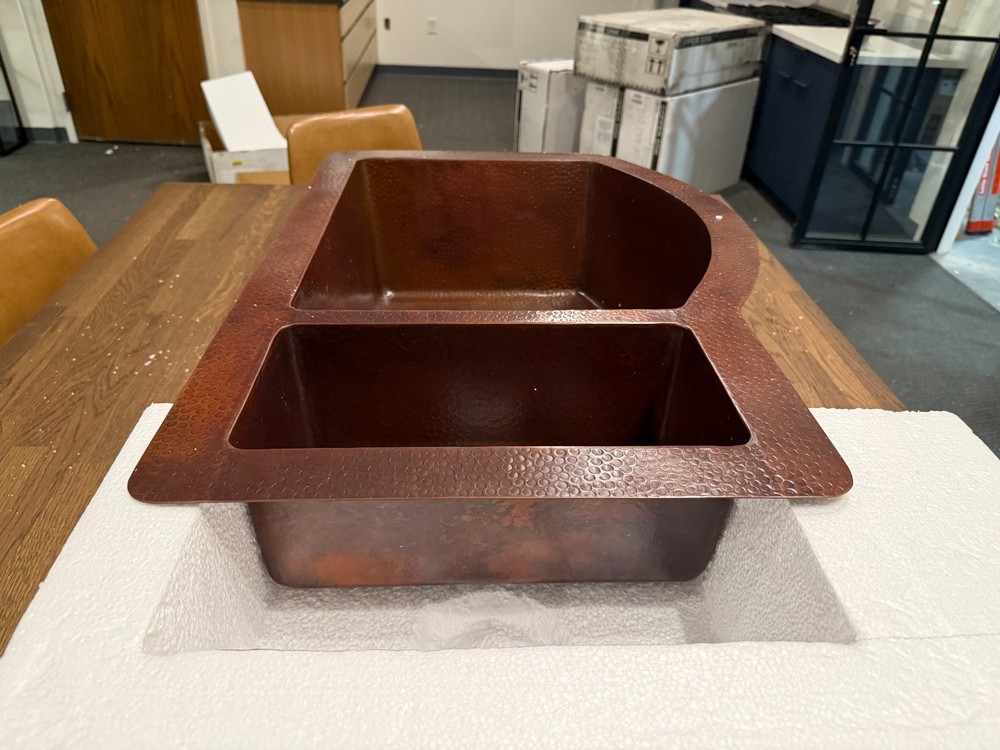 33" Copper Kitchen Sink Hammered Two Basins 16-Gauge