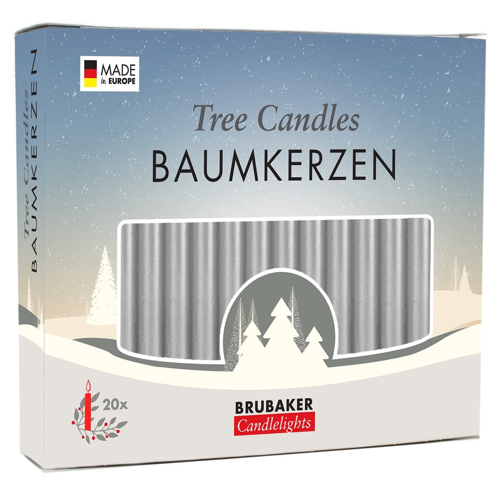 BRUBAKER Tree Candles - Pack of 20 - 9.5 cm - Silver