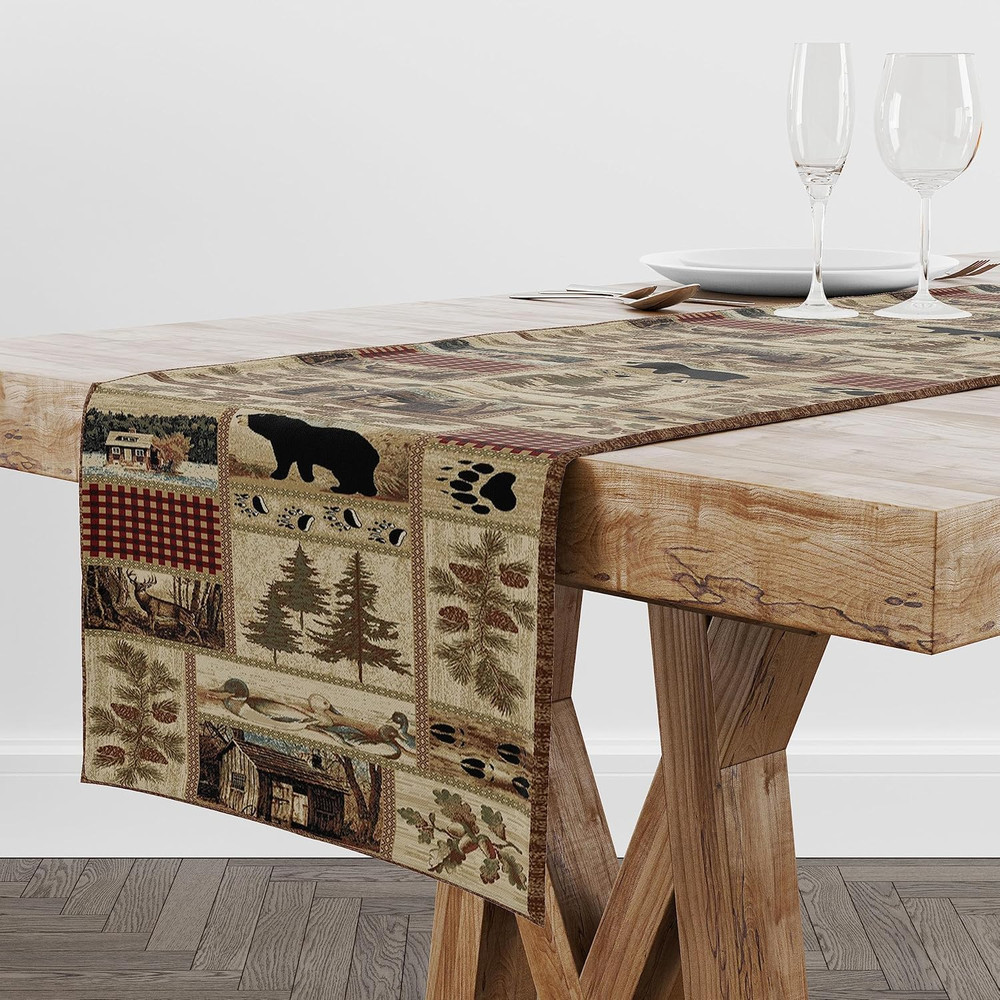 Rustic Country Bear Table Runner,Patchwork Cabin Wild Animals Hunting Table Clot