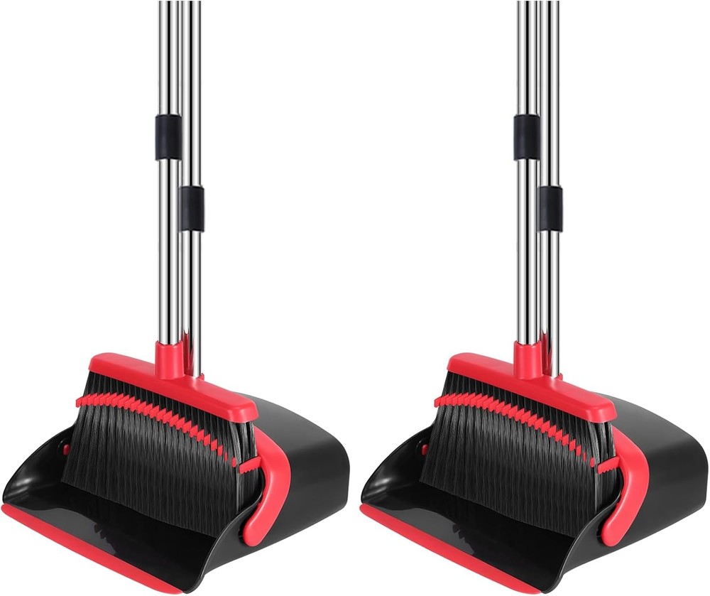 Broom and Dustpan Set, 52-in Long Adjustable Handle Medium-2 Pack, Black Red