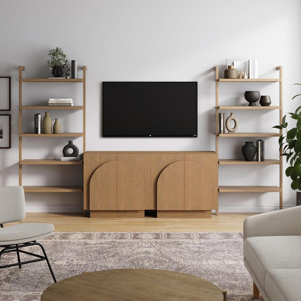 Mid-Century Modern Iris Sideboard & Bookcase Set - Light Brown Wood Storage