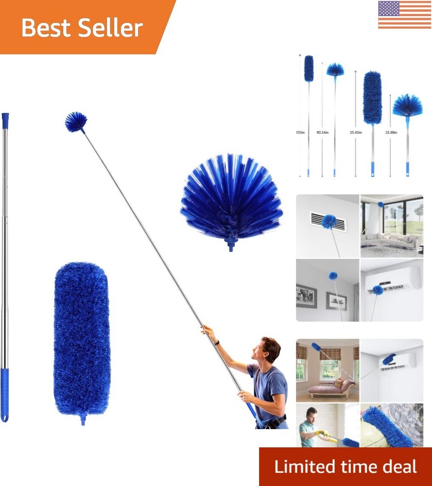 Versatile Cobweb Duster Set with Microfiber & Feather Heads – 100 Inch