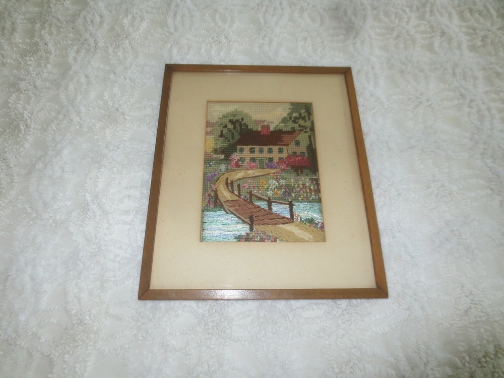 Signed/Dated 1938 DANIEL WEBSTER BIRTHPLACE Needlepoint WALL HANGING-9.5"x 11.5"
