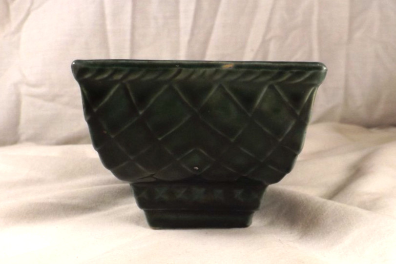 Dark Green Crosshatch Rectangular Footed Planter Bonsai USA Pottery 404