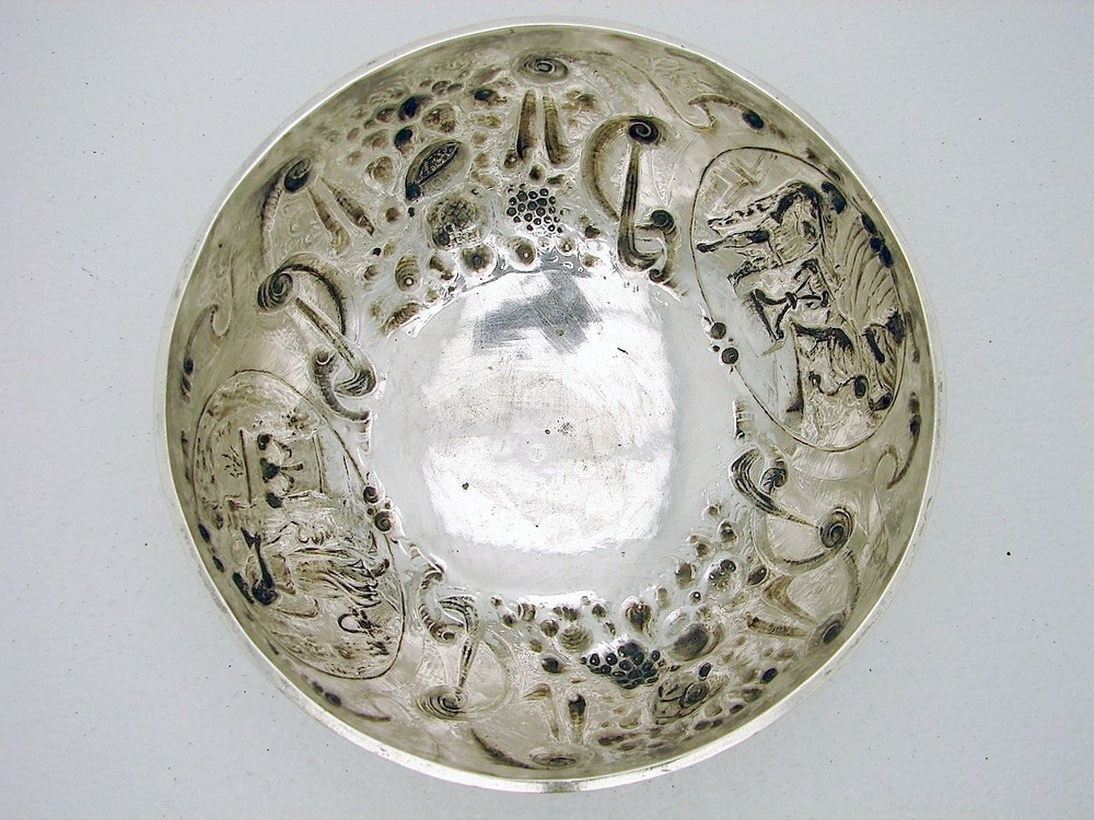 European Hallmarked Solid Silver Hand Crafted Bowl with Chased Figural Scenes