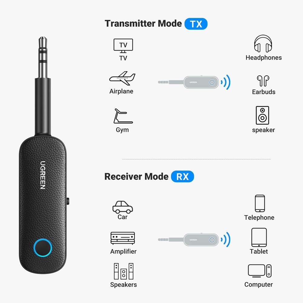 UGREEN Bluetooth 5.4 Transmitter Receiver, Dual Connection,11H Small, Black