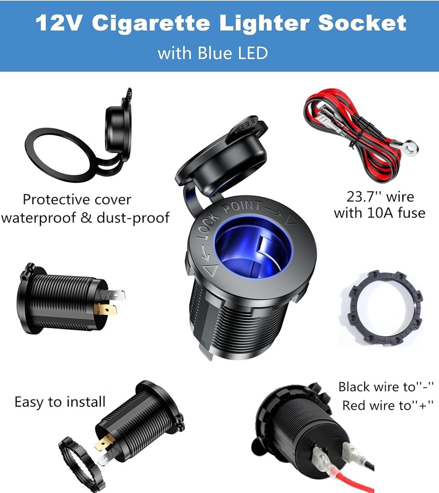 Durable Blue LED 12V Cigarette Lighter Socket 2 Pack - Waterproof & Eco-Friendly