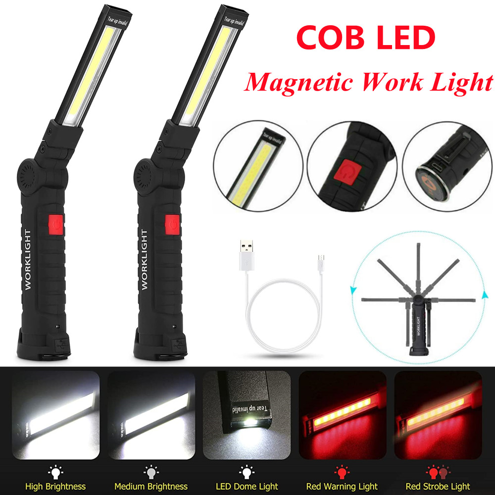 2 Super Bright USB Rechargeable COB LED Work Light Flashlight Folding Torch Lamp