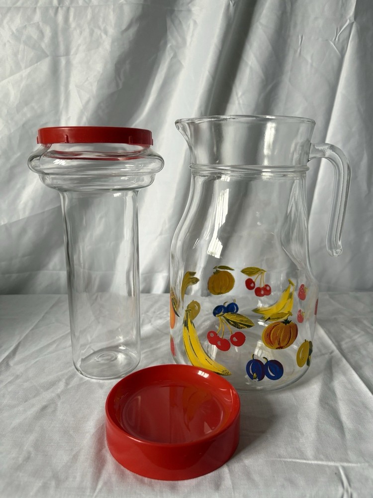 Large Vintage Glass Pitcher with Removable Ice Column | Fruit Pattern