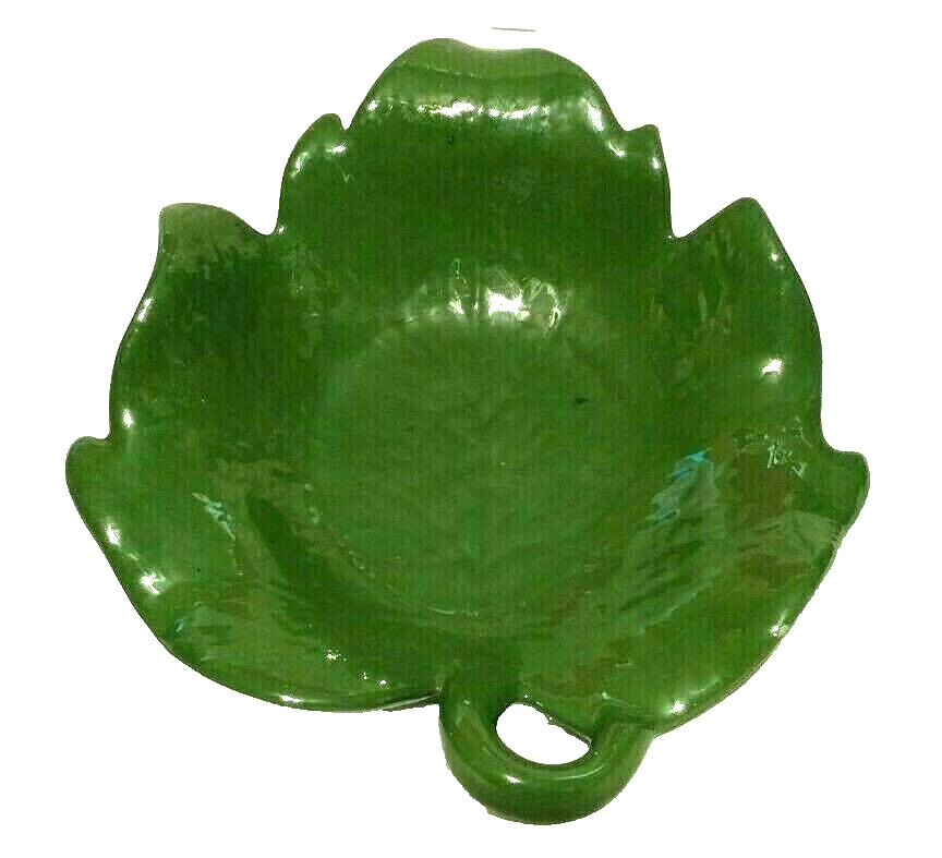 Vintage Candy Dish Green Leaf Glazed Ceramic - 8"