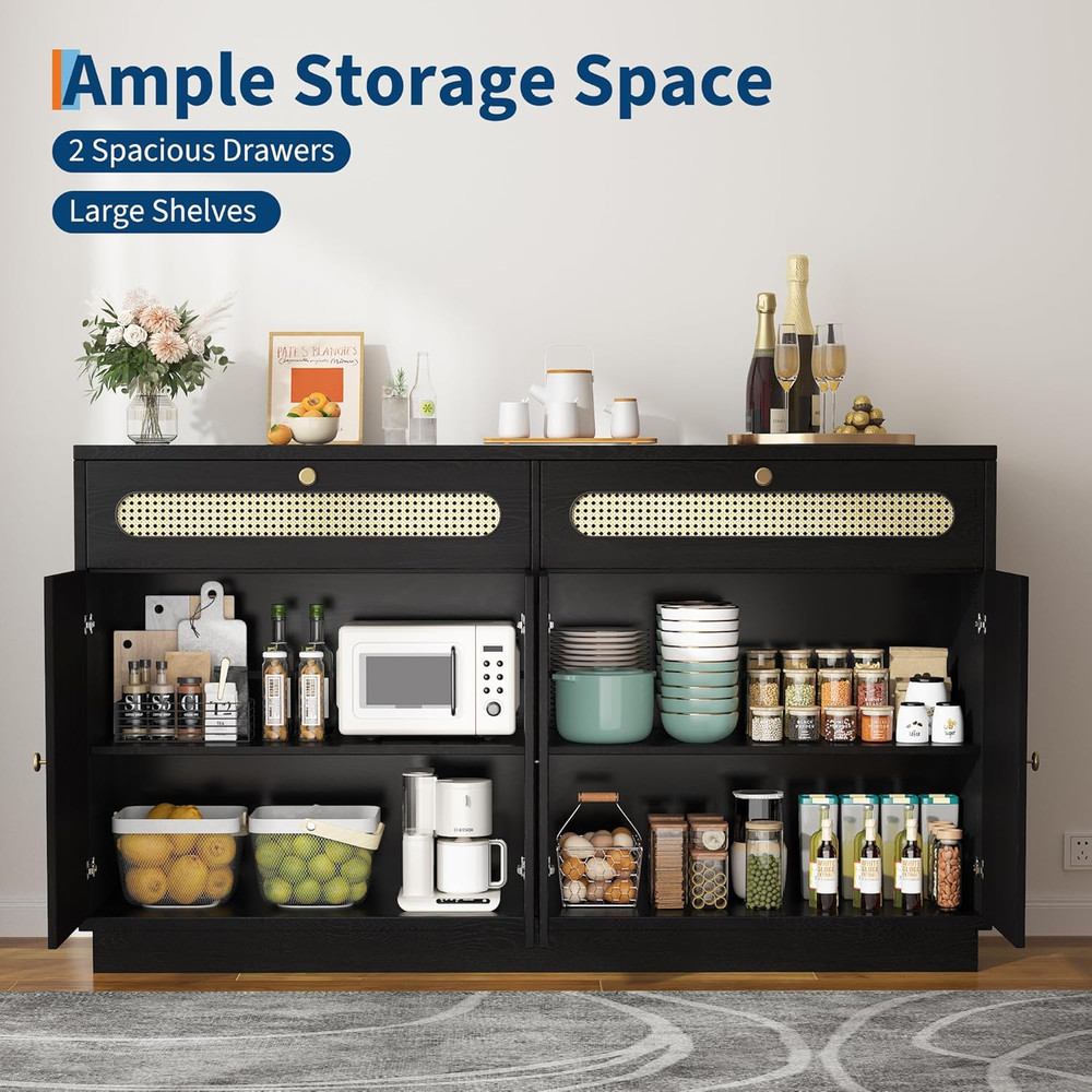 60'' Rattan Buffet Sideboard with 2 Drawers and Adjustable Shelves