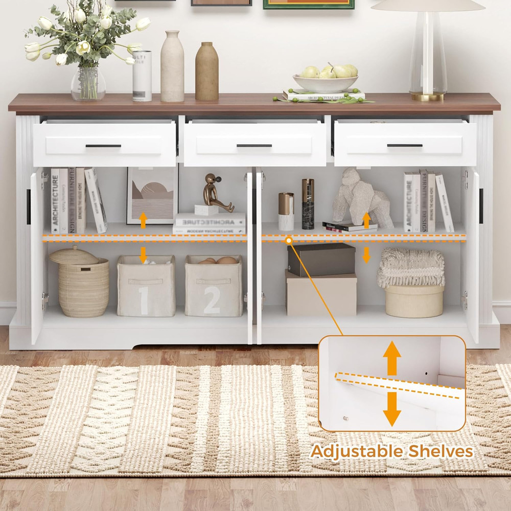 63" Fluted Sideboard Buffet Cabinet with Storage – 4 Doors, 3 Drawers, Adjustabl