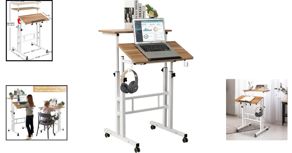 Compact Rolling Computer Desk - Ergonomic Height Adjustable in Vintage Oak