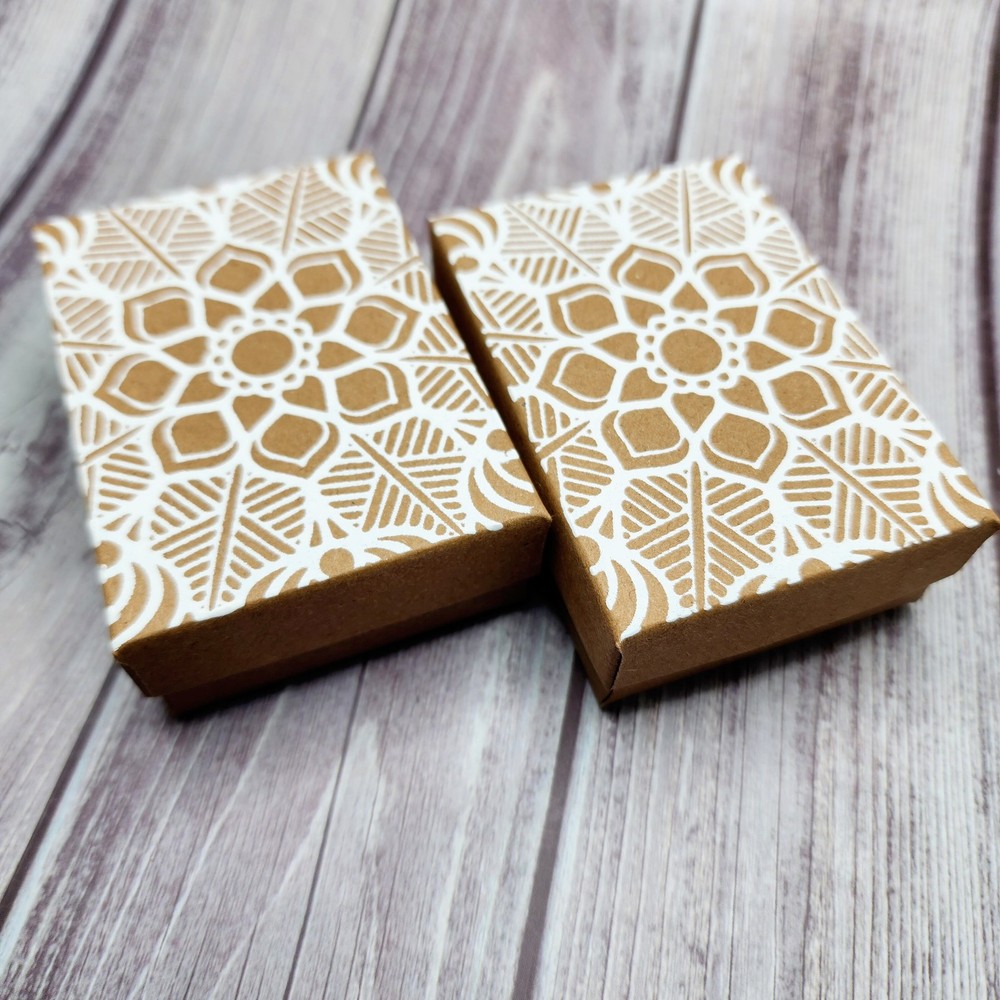 Paper Gift Boxes-Flower Mandala Pattern-Kraft, White Ink-Screen Printed by Hand