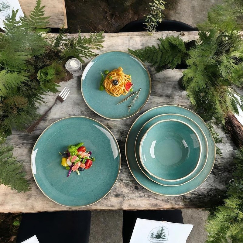 Handcrafted 12-Piece Stoneware Dinnerware Set Service 4 Unique Durable Design US