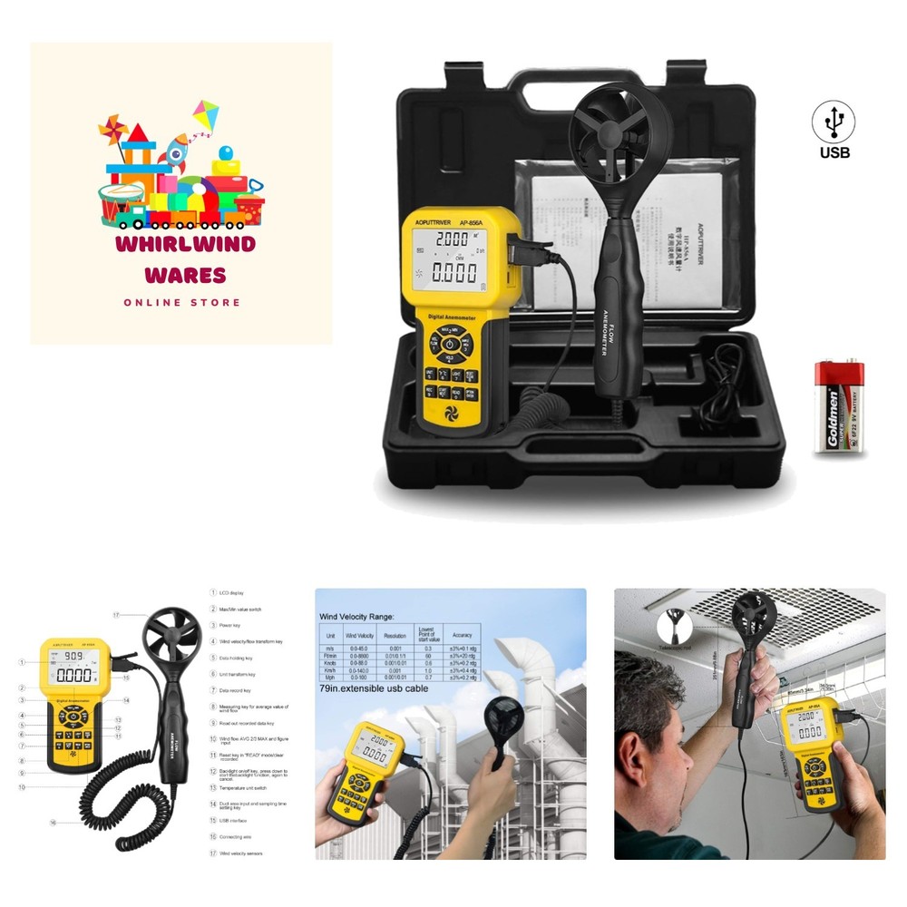 Pro HVAC Anemometer: High Precision Handheld Wind Speed Meter with USB Data E...