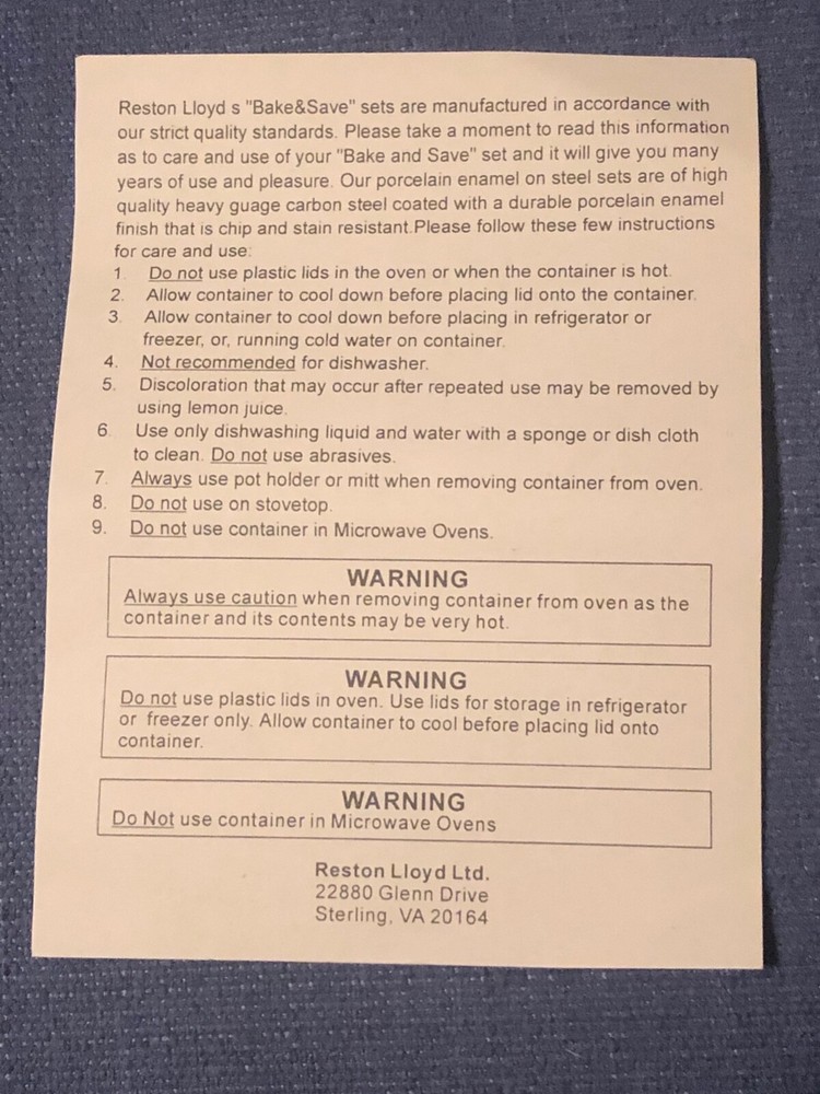 Reston Lloyd bake and Save Casserole Dish Set with Lids