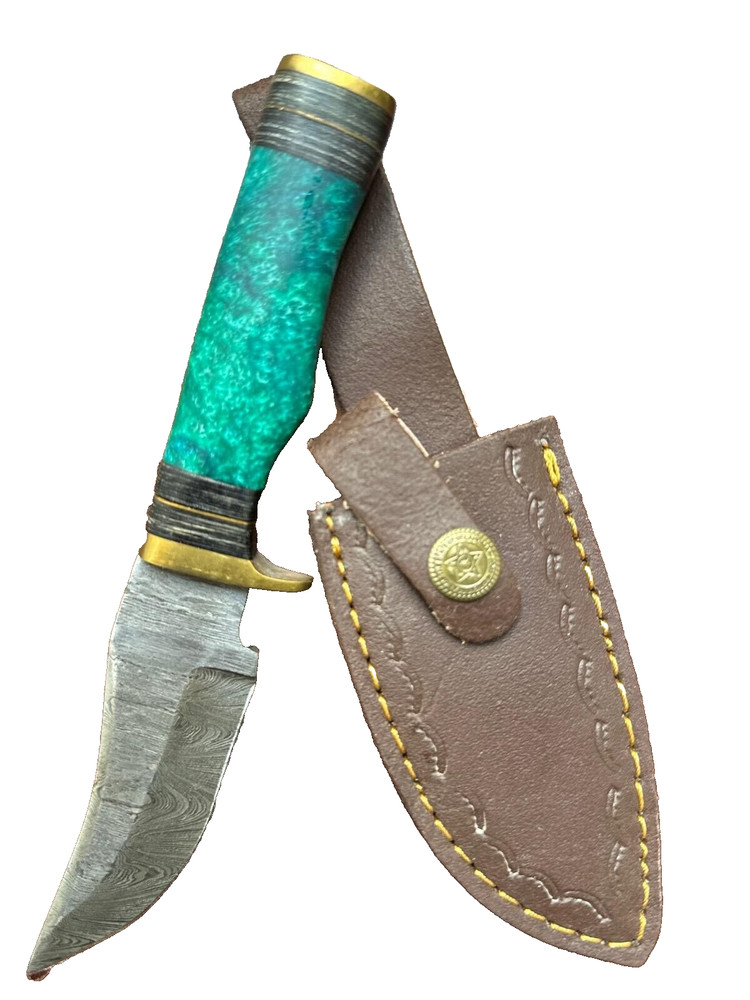 Damascus Fixed Blade Hunting Knife Leather Sheath - Resin Handle