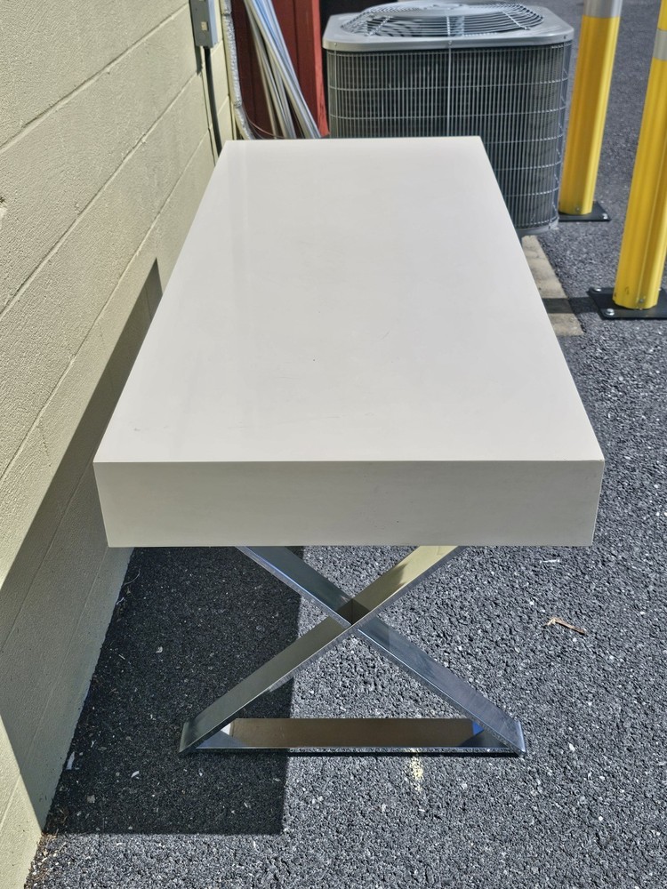 MCM Milo Baughman? Style Campaign Writing Desk White Lacquer & X Chrome Base