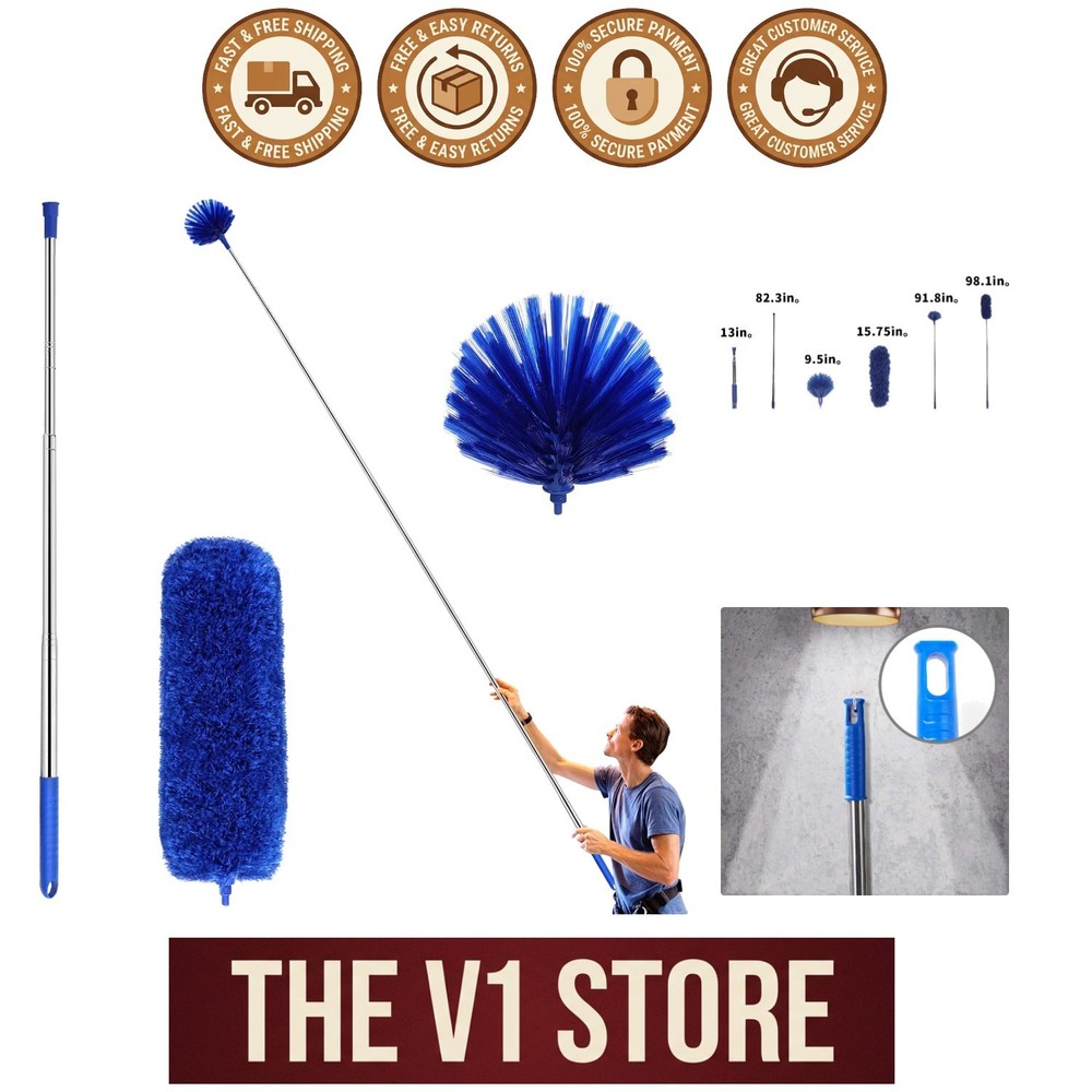 Versatile Cleaning Duster Set - 100" Aluminum Pole, Feather Head, and Microfiber