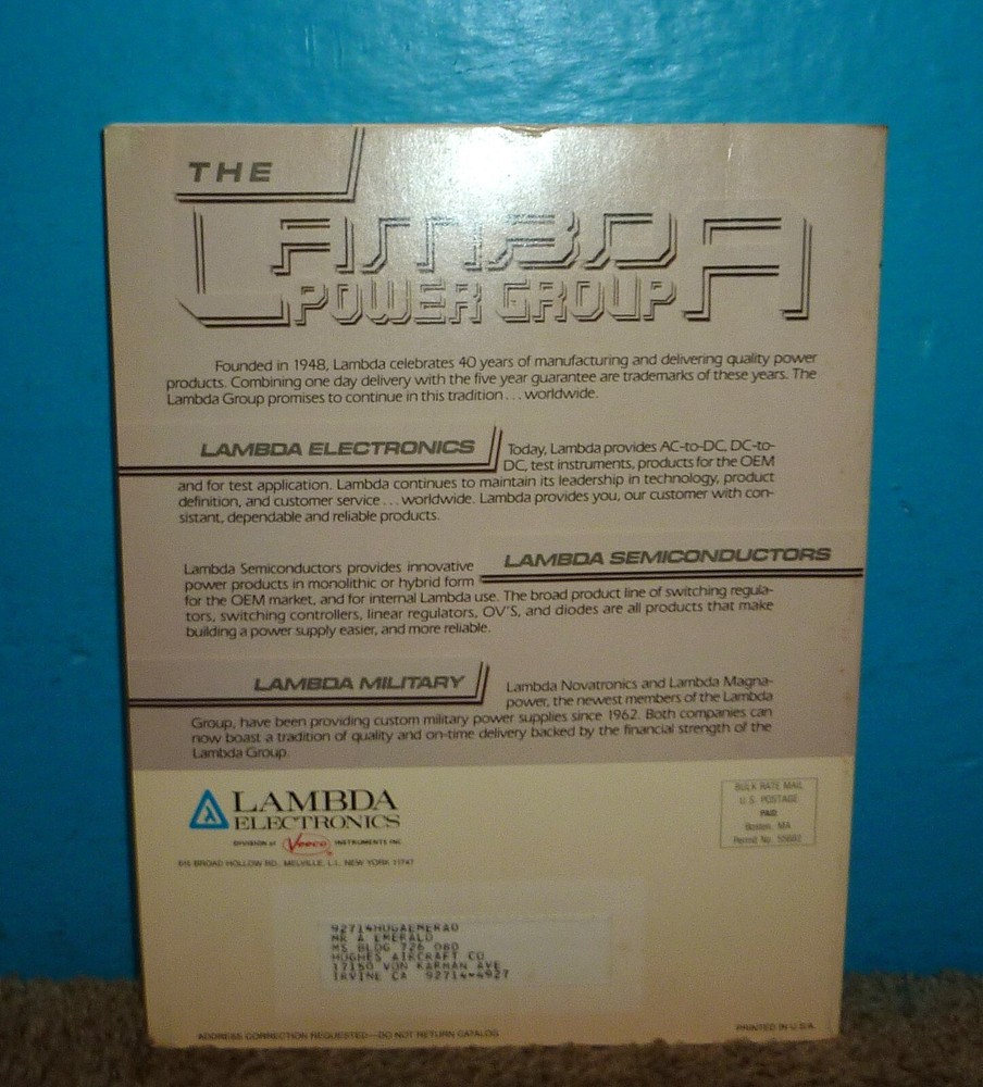 Lambda Power Supply Catalog 1988 Very Good Condition