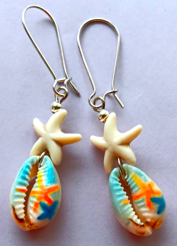 STARFISH Painted COWRIE SHELL dangle earring kidney wire handcrafted #ACTA