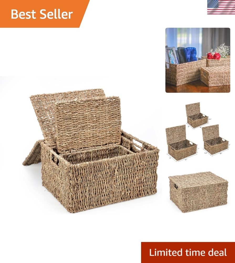 Stylish Storage Solution: Set of 3 Rectangular Seagrass Baskets with Lids