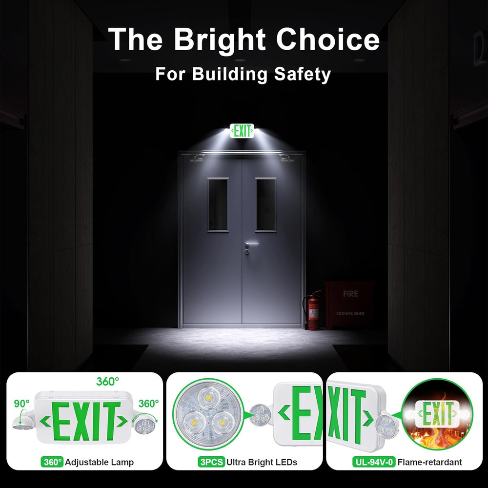 Led Exit Sign Emergency Light Combo Adjustable Two Head,Double Sided and Battery