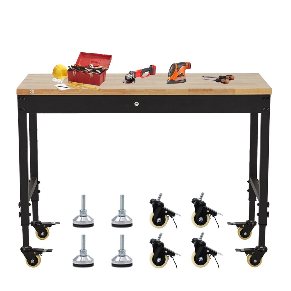 48"x 24" Adjustable Workbench ,Rubber Wood Work Table 2000 LBS with Power Outlet