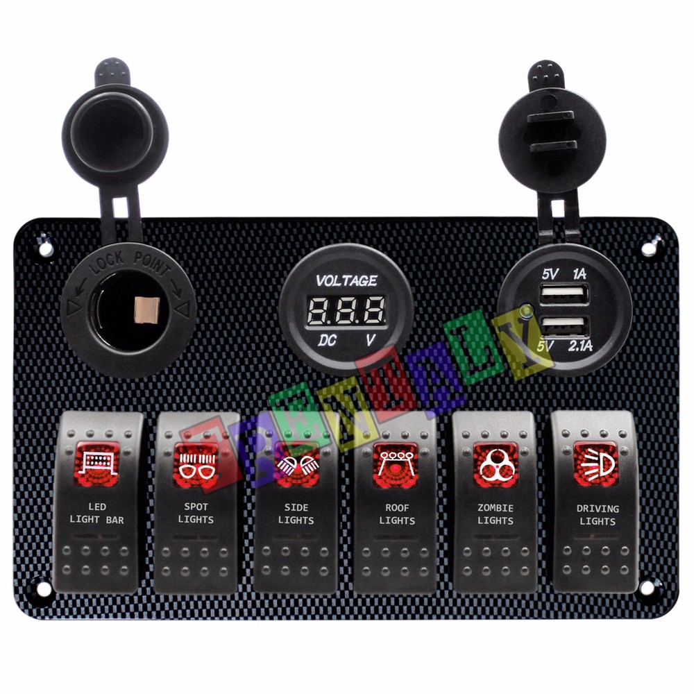 Red#1 CF 6 Gang Car Rocker Switch Panel USB Socket Power Plug Voltmeter Charger