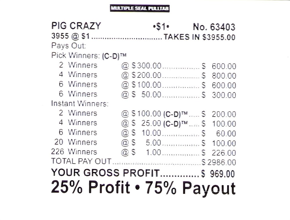 Pull Tickets - Chip Tickets - Pick Board - Pig Crazy - 3.955 ct