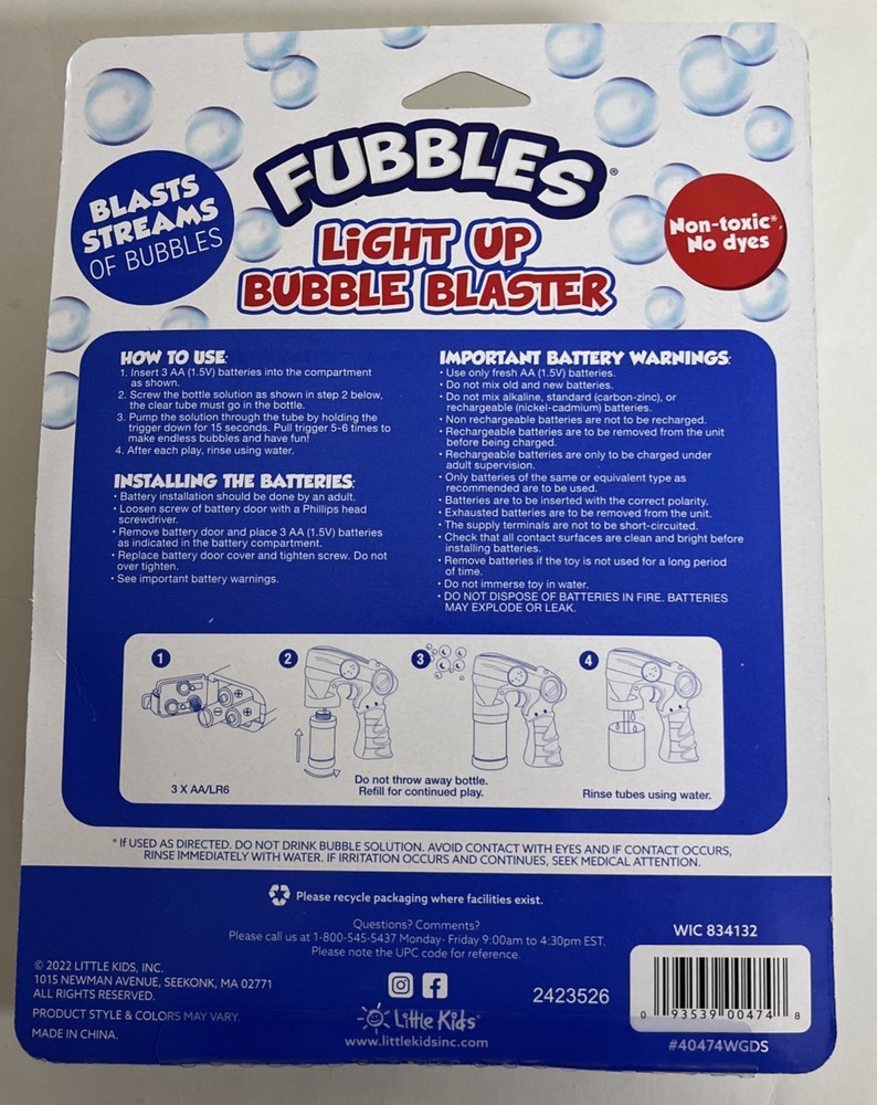 Fubbles Light Up Bubble Blaster & Solution-Neon Green-Ages 3+ NEW