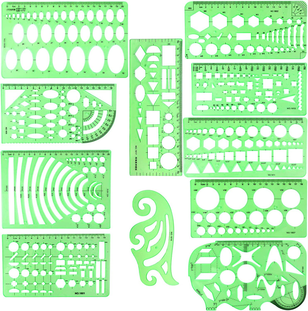 11PCS Geometric Drawings Templates, Drafting Stencils Measuring Tools, Plastic