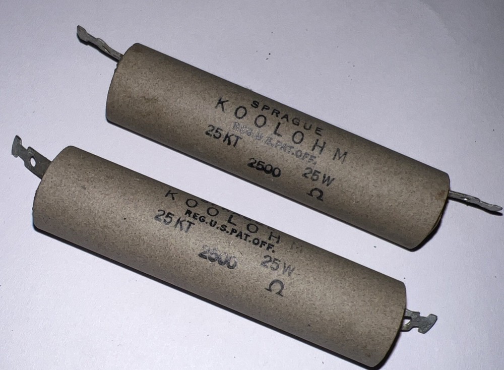 2500 OHM 25 WATT RESISTORS, NEW (2) PACK BY SPRAGUE KOOLOHM