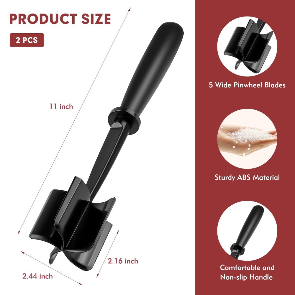 2Pcs Ground Beef Chopper Tool, Meat Masher One Size, Black + Red