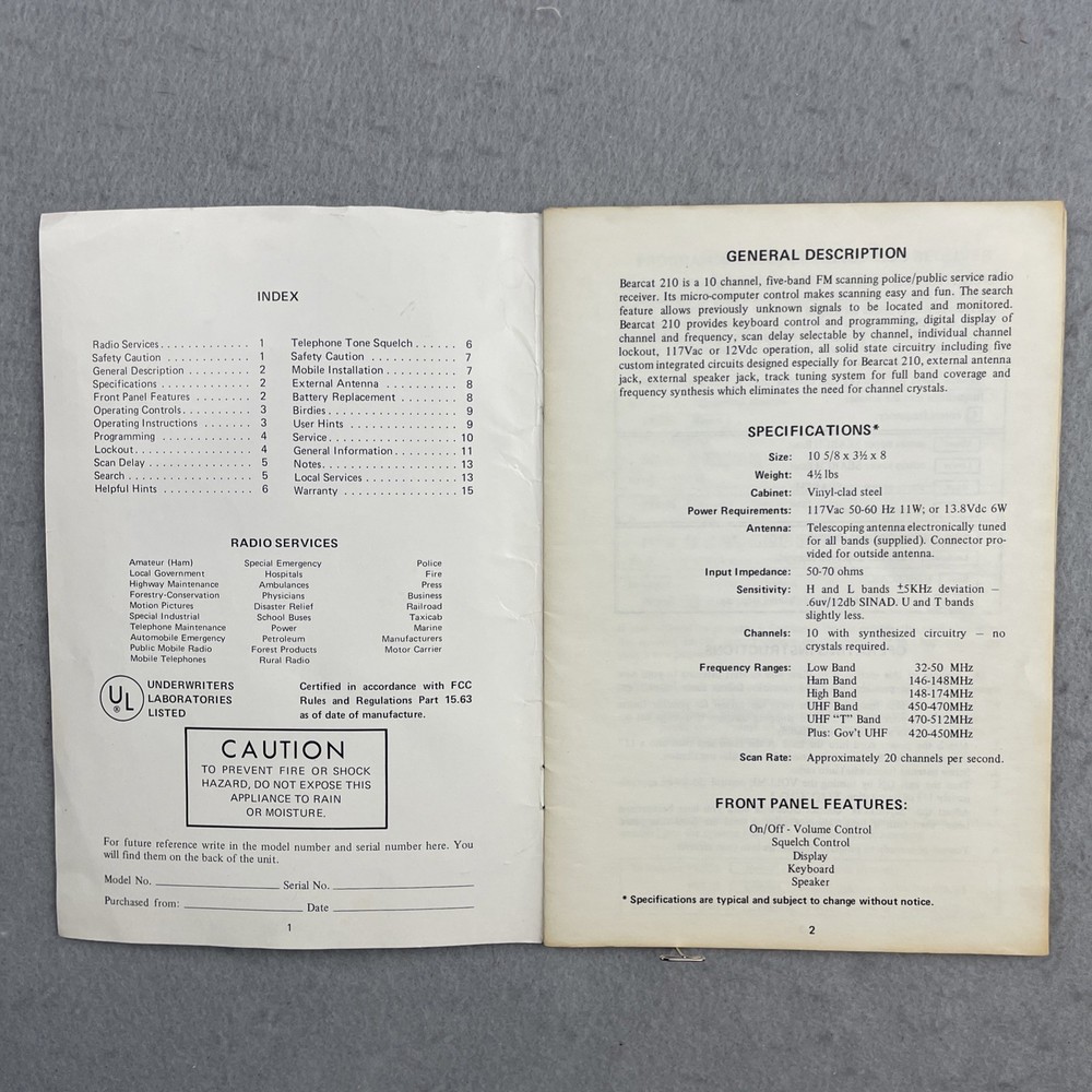 Electra Bearcat 210 Owners Manual Copyright 1978