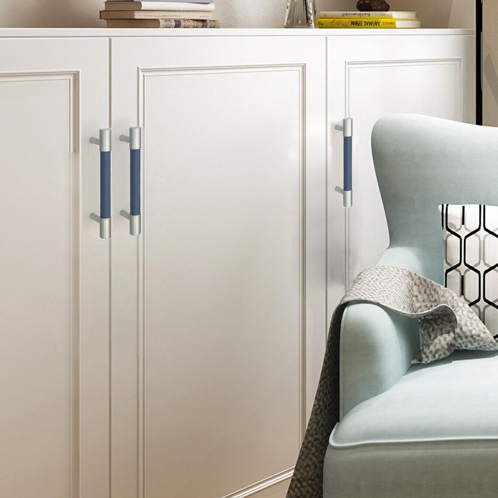 MFYS Navy Blue Leather & Brushed Nickel Cabinet Handle Wardrobe Pull Drawer Pull