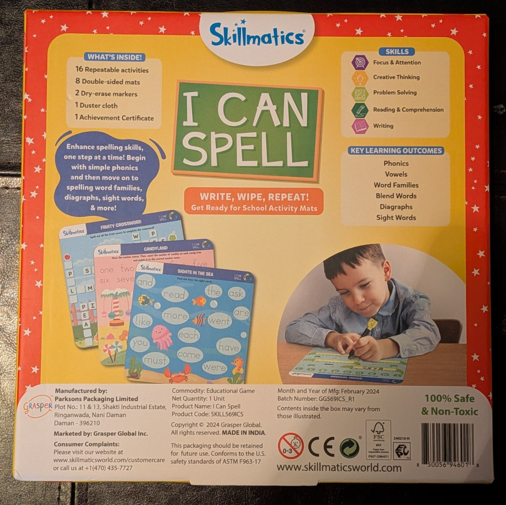 Skillmatics "I Can Spell" Write, Wipe, Repeat Activity Mats FREE SHIPPING